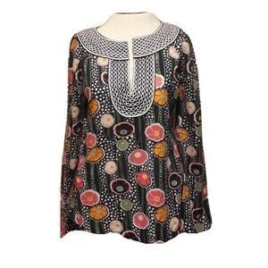 Tory Burch Tunic Top Floral Mod TB Logo Print Embroidered Cotton Size 8